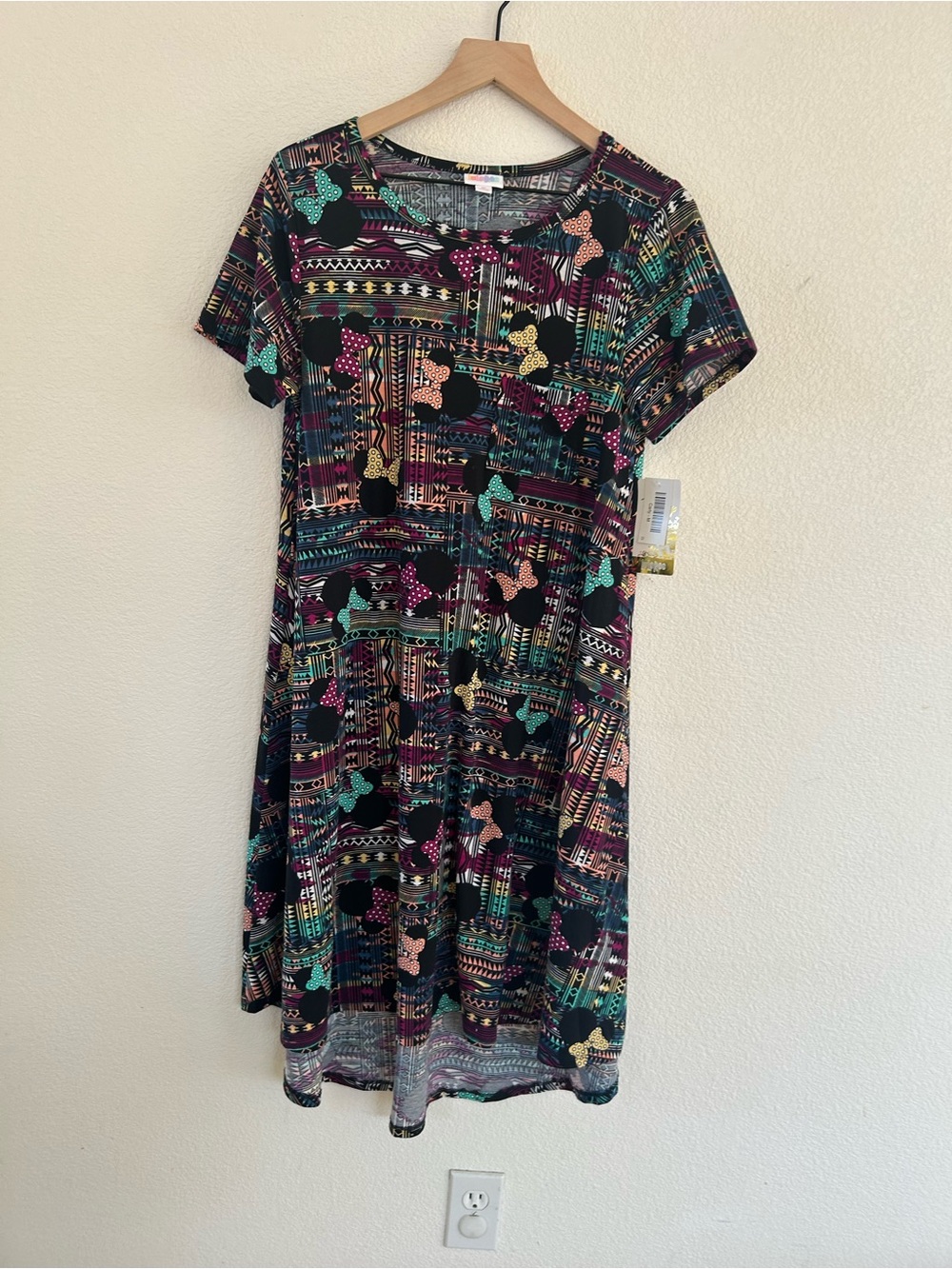 LuLaRoe Short Sleeve Midi Dress - Black with Teal, Pink & Yellow Pattern